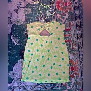 Neon Green and Yellow Floral Halter Mini Dress with Cutout, Size XL
